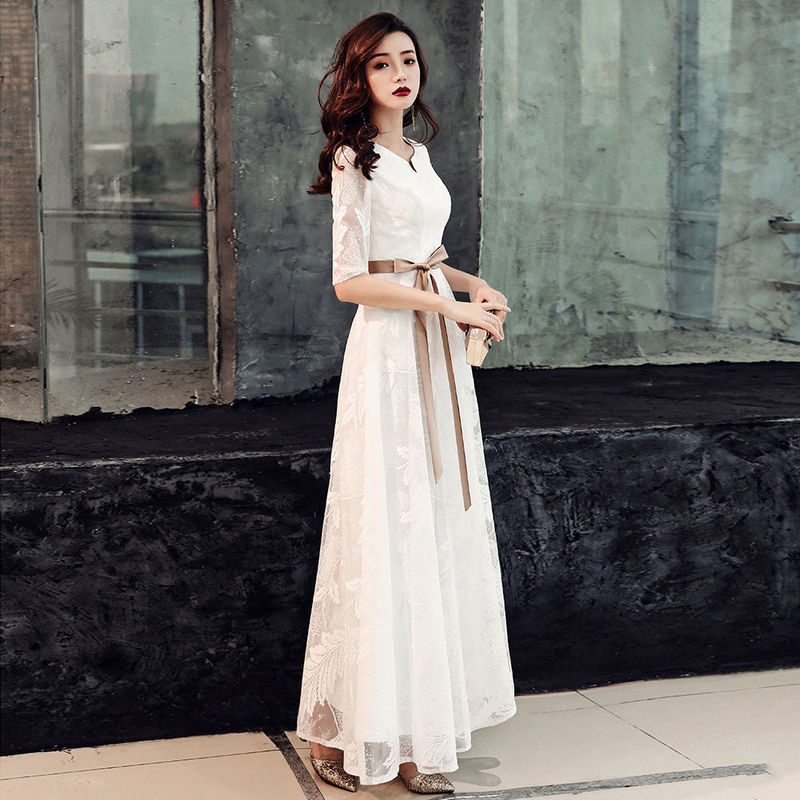 Korean Style Banquet Evening Dress White Lace