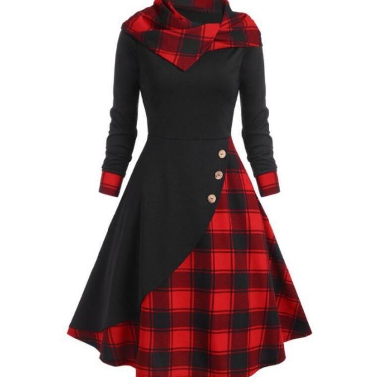 Plaid Stitching Hooded Turtleneck Dress
