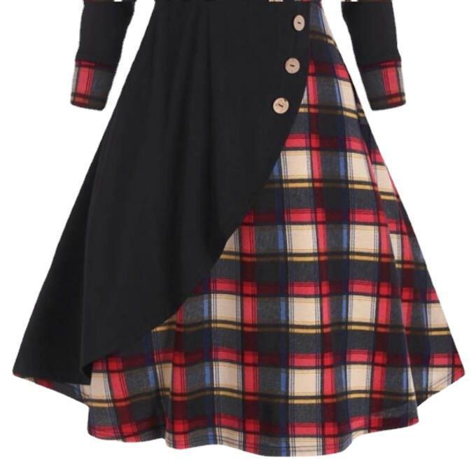 Plaid Stitching Hooded Turtleneck Dress