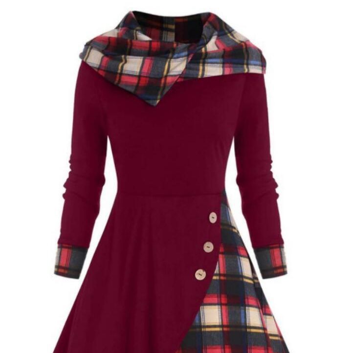 Plaid Stitching Hooded Turtleneck Dress