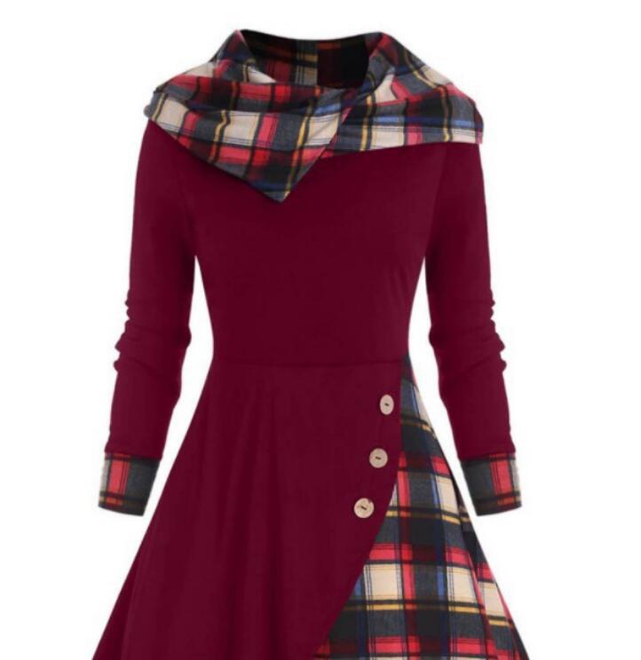 Plaid Stitching Hooded Turtleneck Dress
