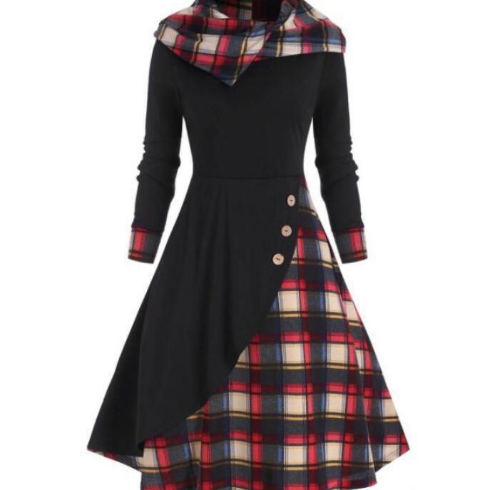 Plaid Stitching Hooded Turtleneck Dress
