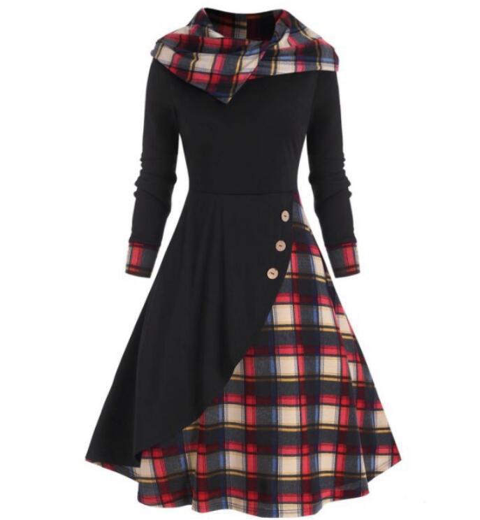 Plaid Stitching Hooded Turtleneck Dress