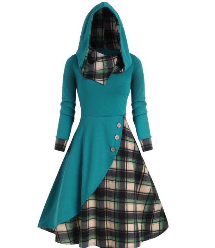 Plaid Stitching Hooded Turtleneck Dress