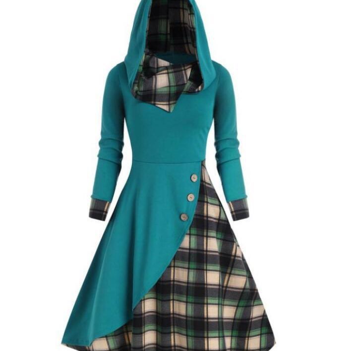 Plaid Stitching Hooded Turtleneck Dress